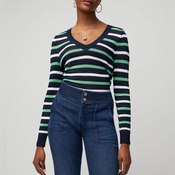 WHBM Long Sleeve Stripe V-Neck Pullover Sweater Crochet knit Size Medium - Picture 1 of 12